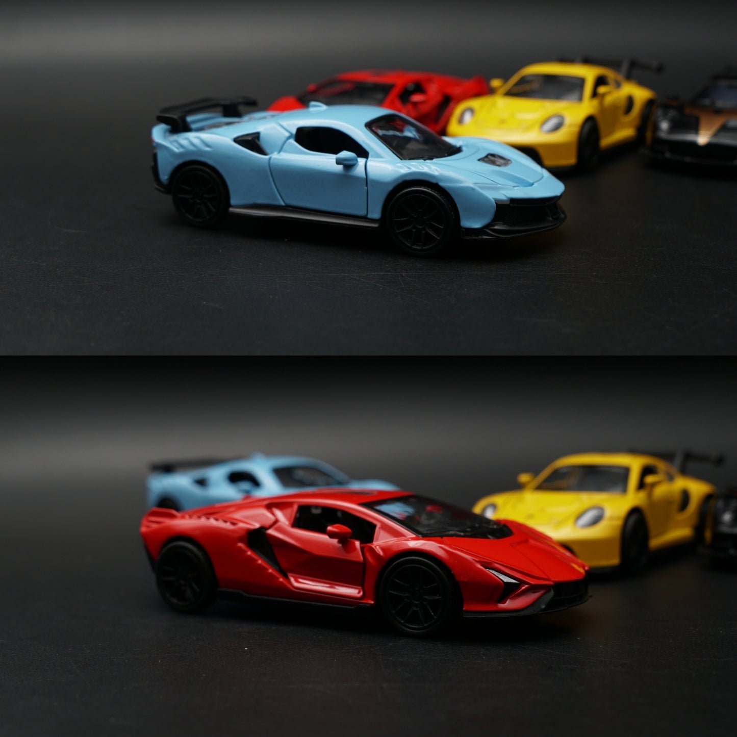 1:43 Diecast 4-Car Bundle | Ferrari Blue · Lambo Red · Porsche Yellow · Pagani Black Gold