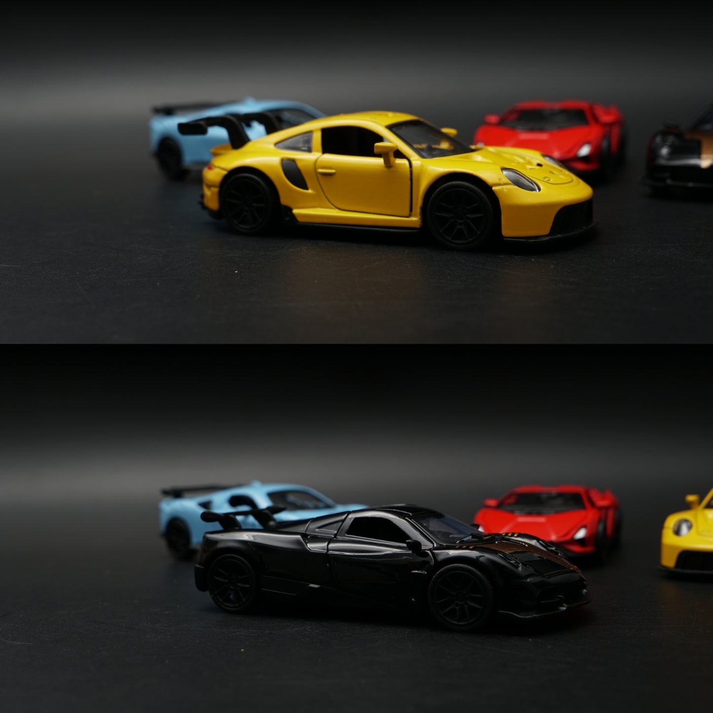 1:43 Diecast 4-Car Bundle | Ferrari Blue · Lambo Red · Porsche Yellow · Pagani Black Gold