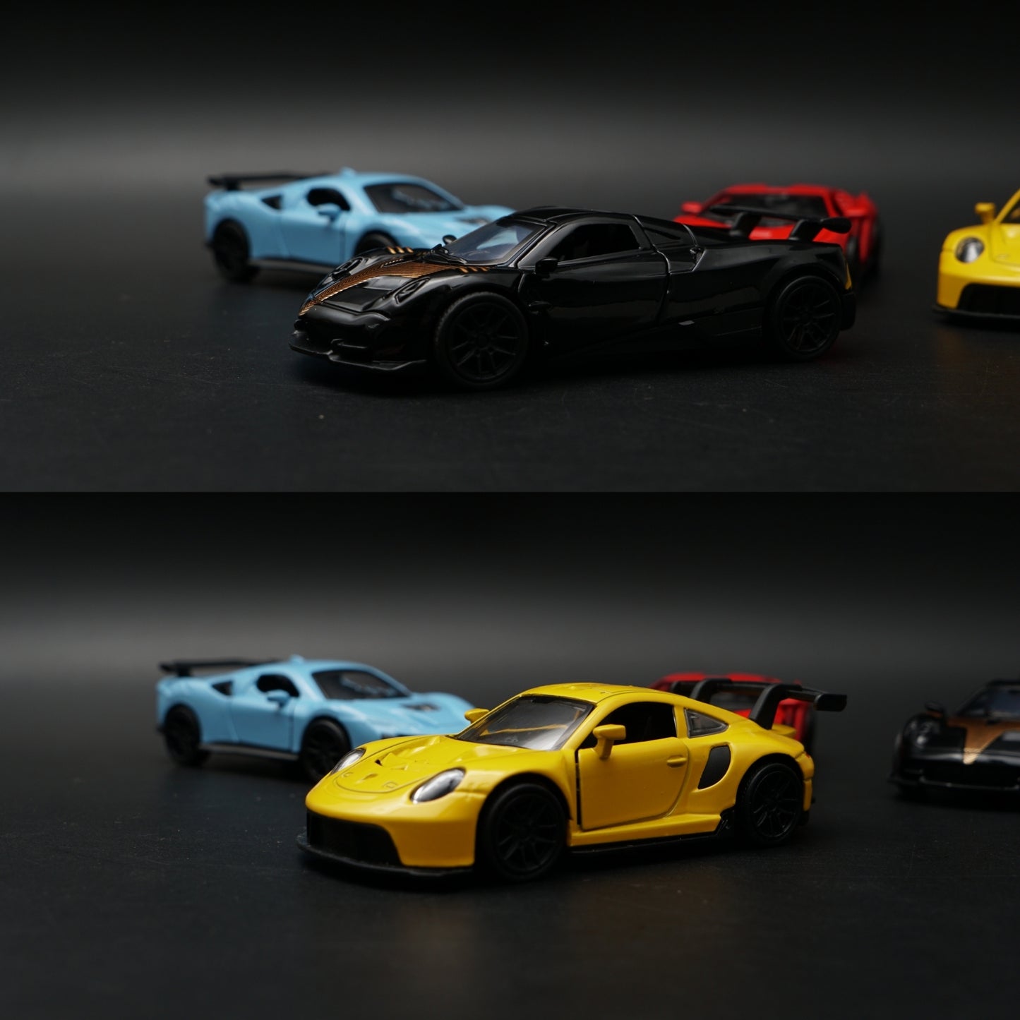 1:43 Diecast 4-Car Bundle | Ferrari Blue · Lambo Red · Porsche Yellow · Pagani Black Gold
