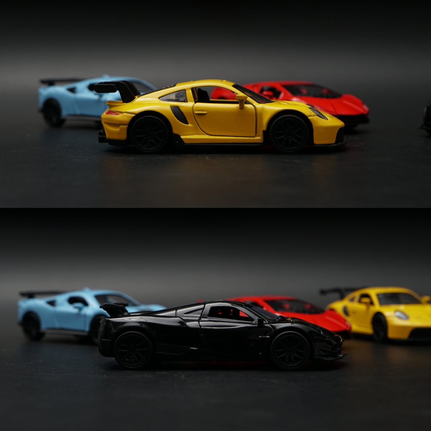 1:43 Diecast 4-Car Bundle | Ferrari Blue · Lambo Red · Porsche Yellow · Pagani Black Gold