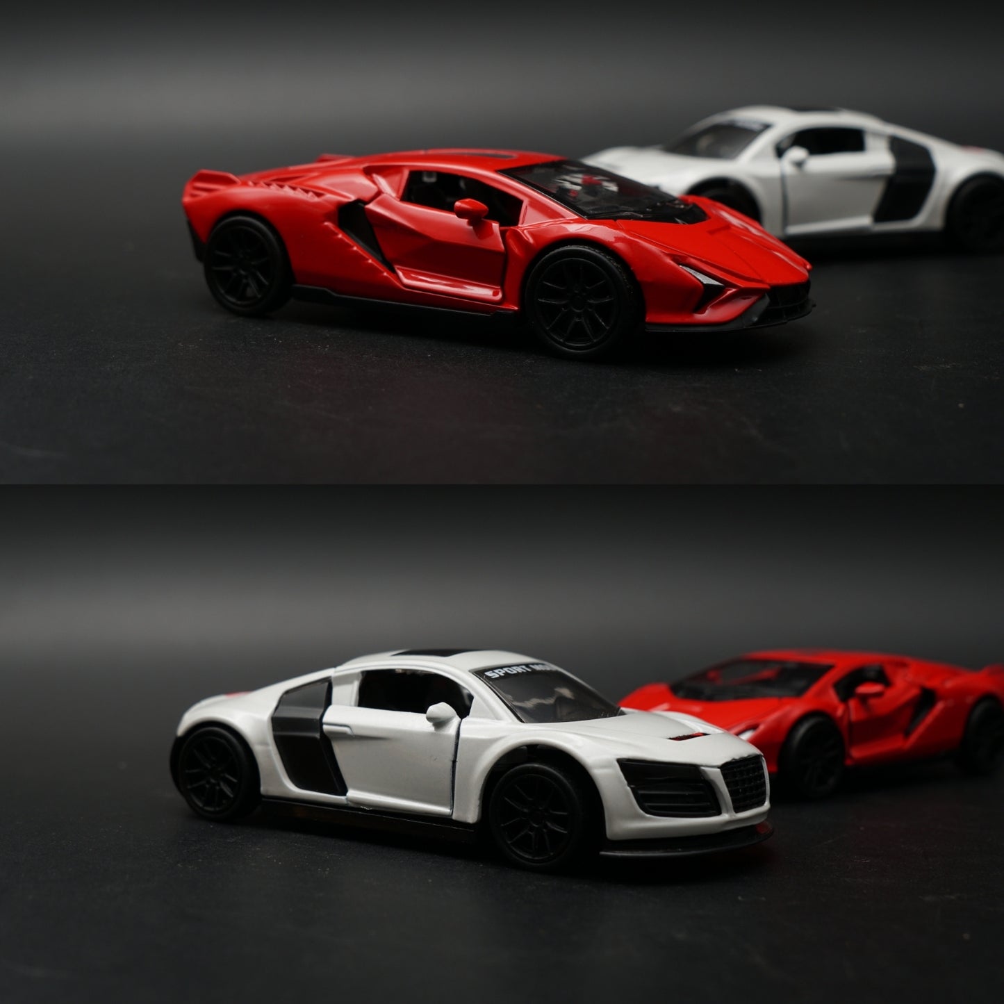 1:43 Diecast 2-Car Set | Lamborghini Revuelto Red + Audi R8 Sport Mode Pearl White