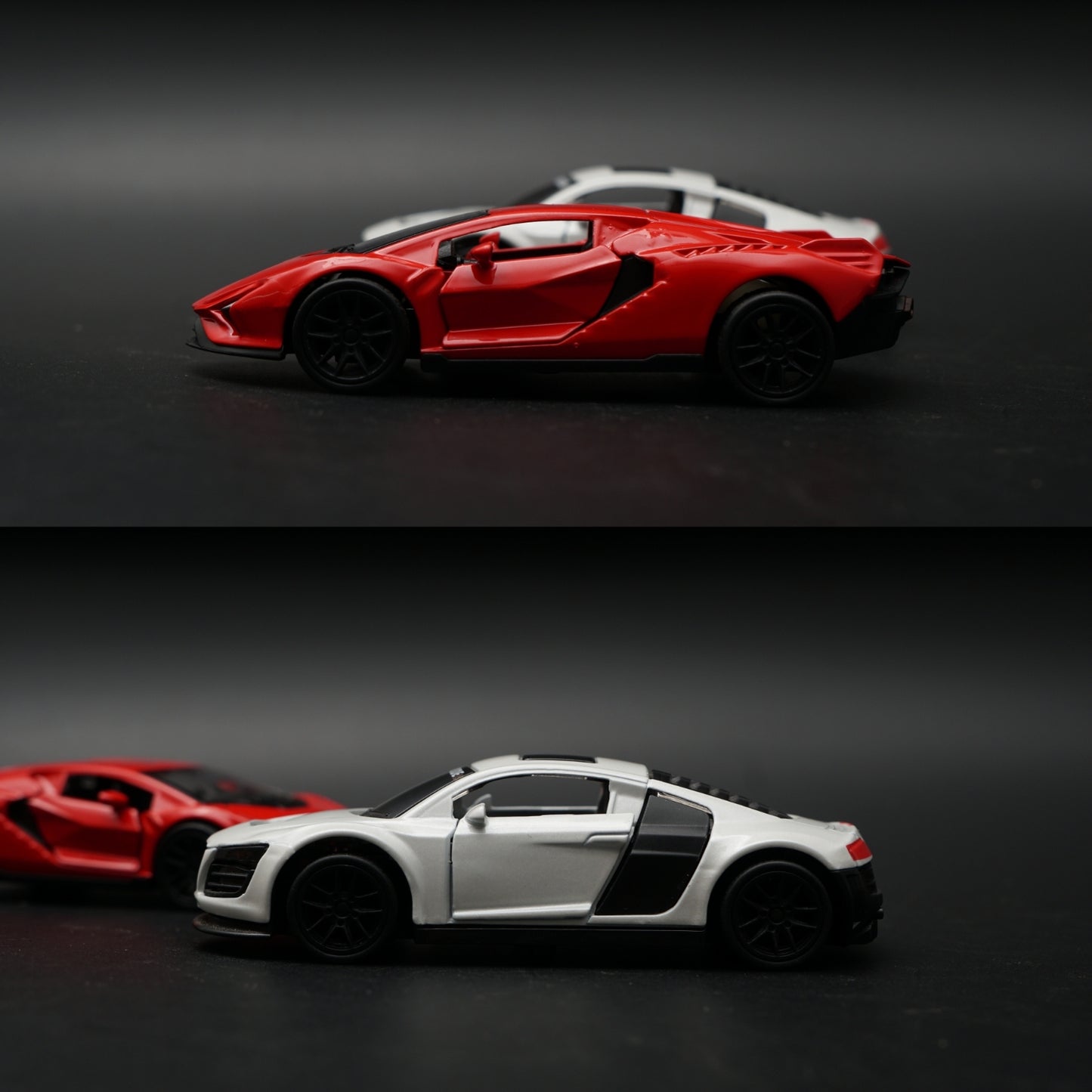 1:43 Diecast 2-Car Set | Lamborghini Revuelto Red + Audi R8 Sport Mode Pearl White