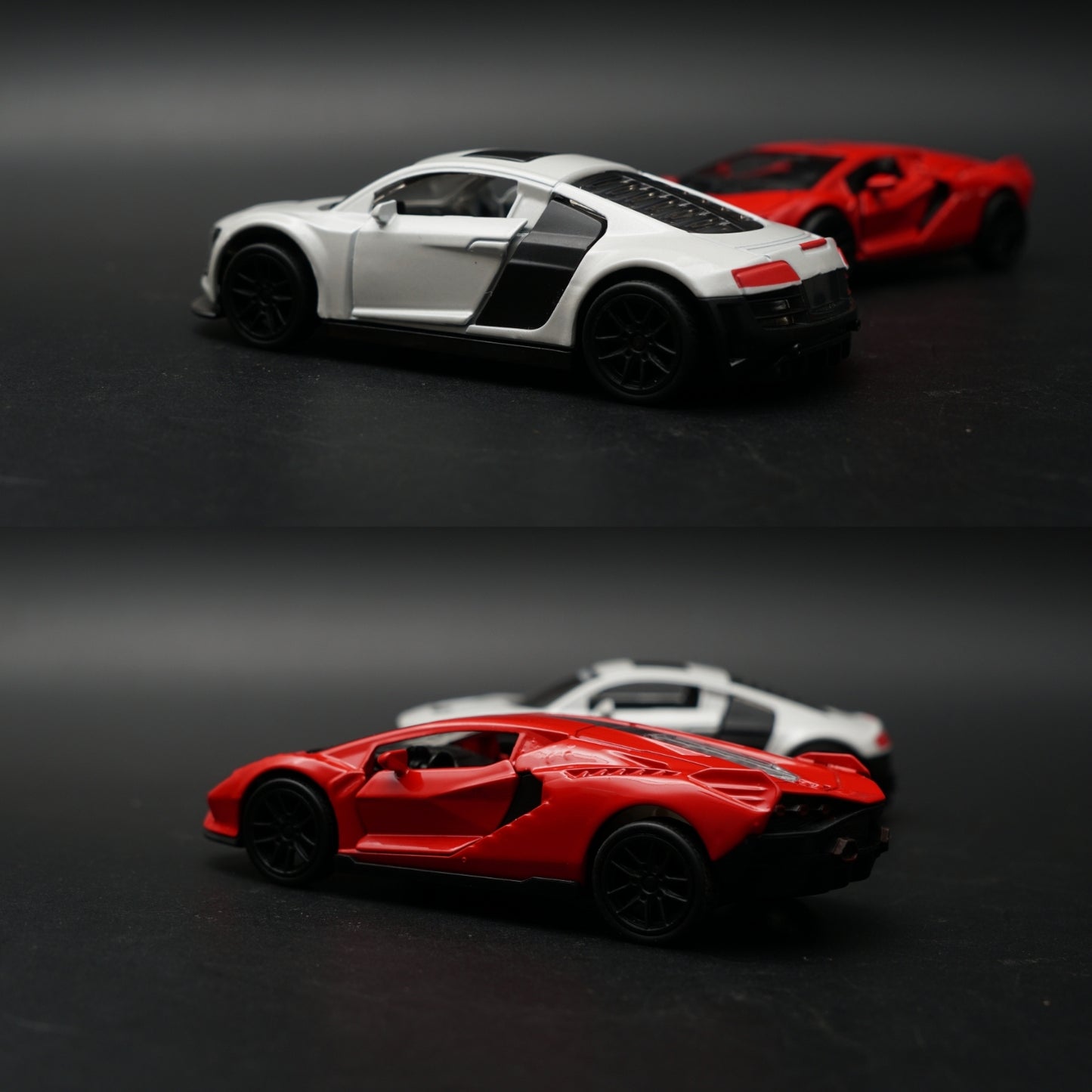 1:43 Diecast 2-Car Set | Lamborghini Revuelto Red + Audi R8 Sport Mode Pearl White