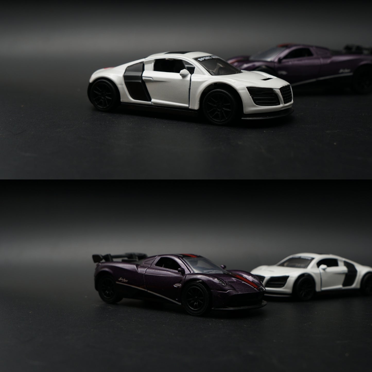 1:43 Diecast 2-Car Set | Audi R8 Sport White + Pagani Zonda Deep Purple & Red
