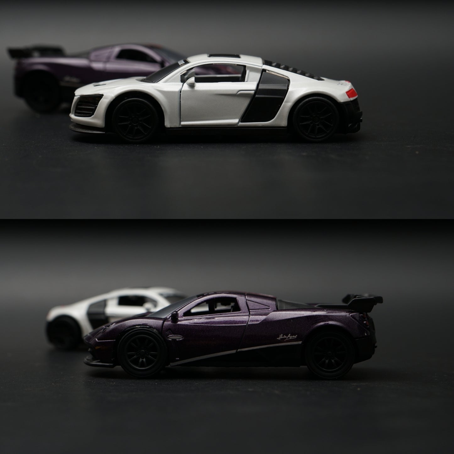 1:43 Diecast 2-Car Set | Audi R8 Sport White + Pagani Zonda Deep Purple & Red