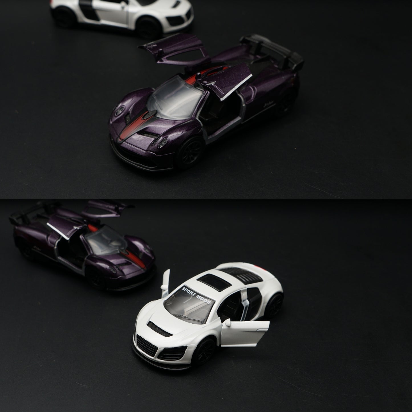 1:43 Diecast 2-Car Set | Audi R8 Sport White + Pagani Zonda Deep Purple & Red