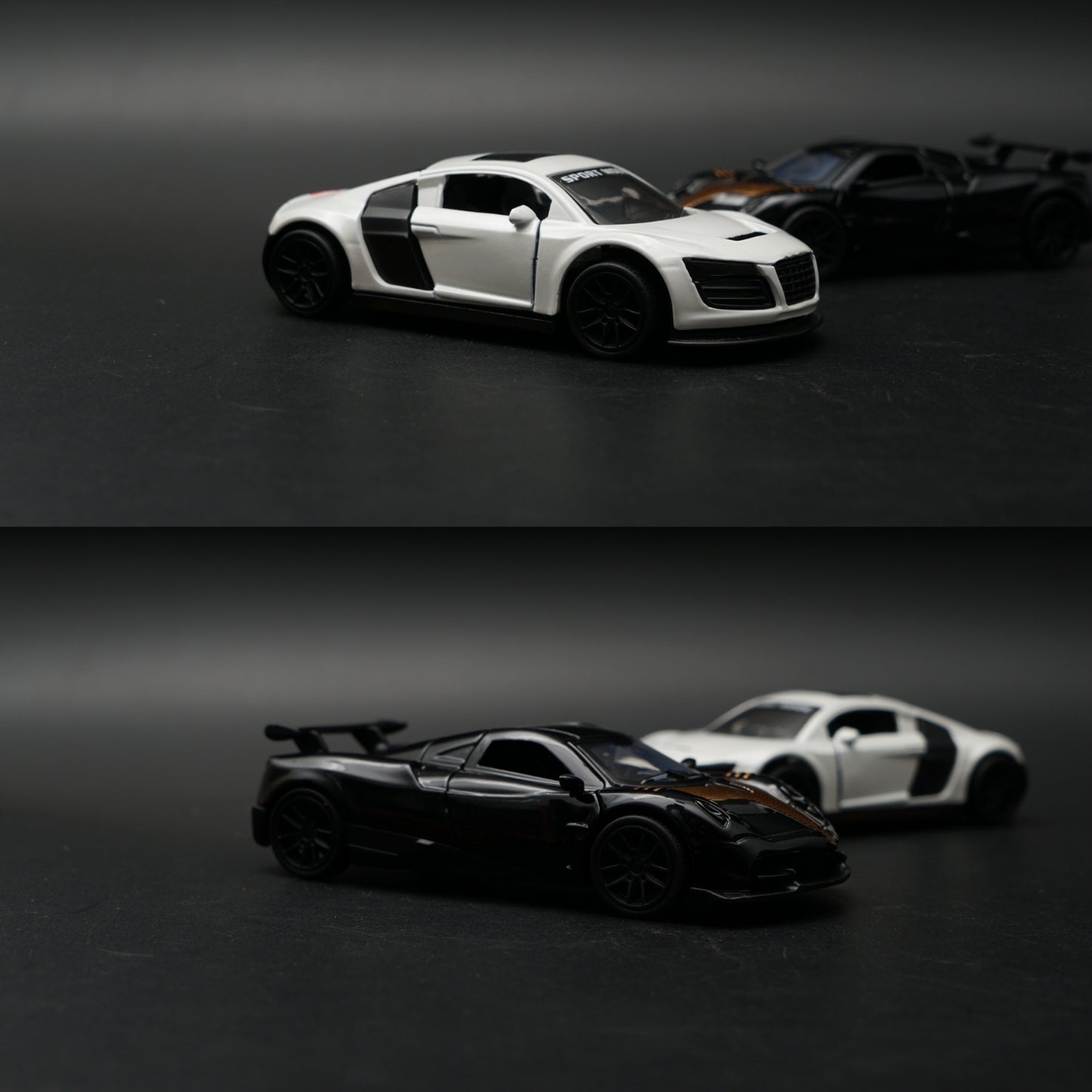 1:43 Diecast 2-Car Set | Audi R8 Sport White + Pagani Zonda Black & Gold