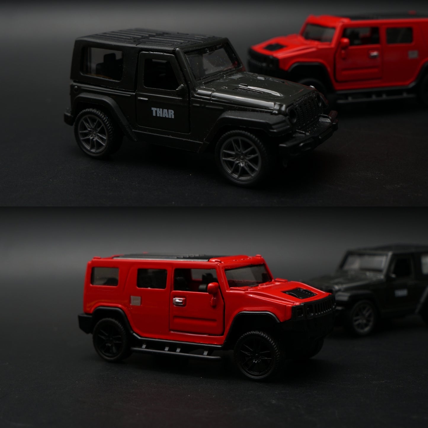 1:43 Diecast 2-Car Set | Mahindra Thar Black + Hummer H2 Red | Off-Road Legends