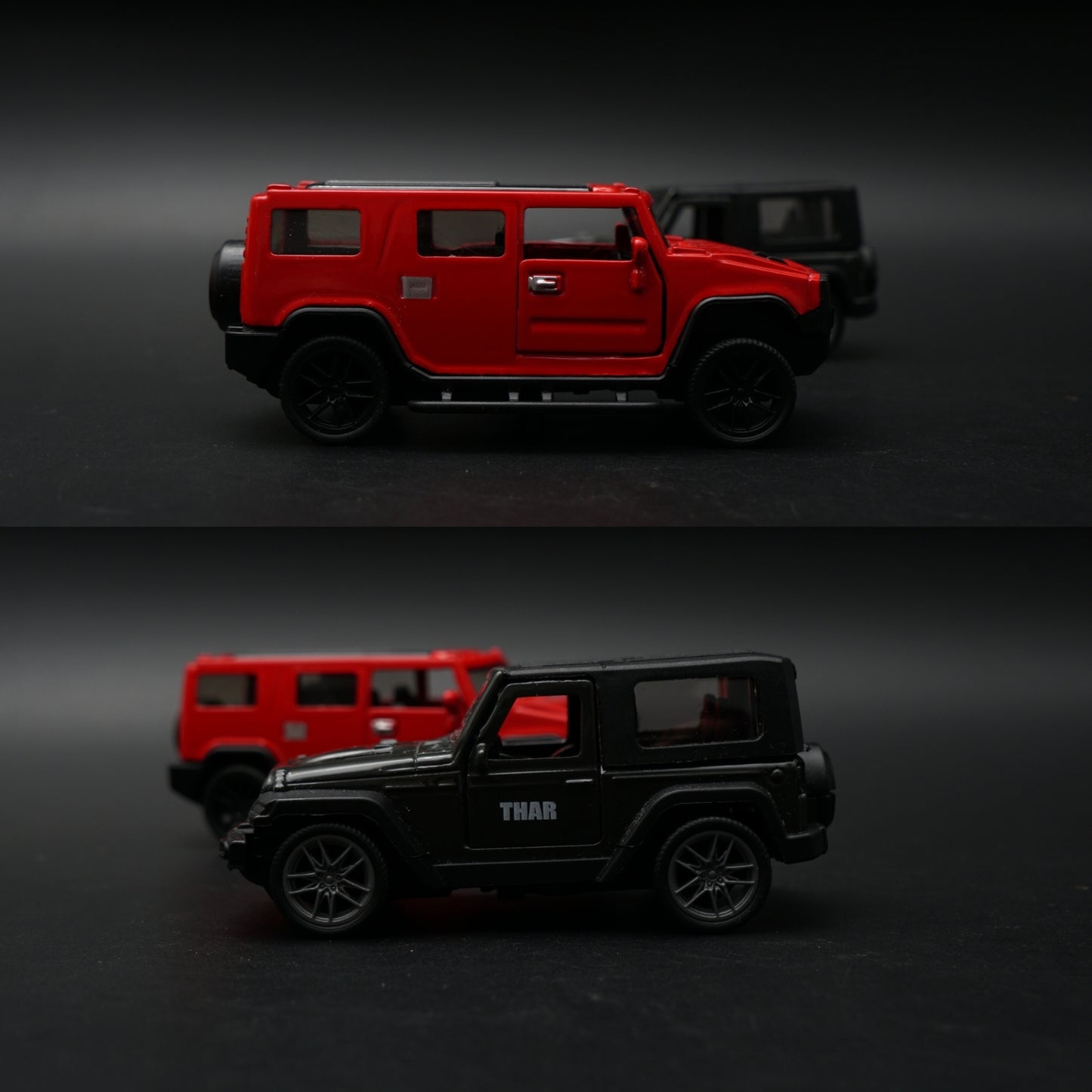 1:43 Diecast 2-Car Set | Mahindra Thar Black + Hummer H2 Red | Off-Road Legends