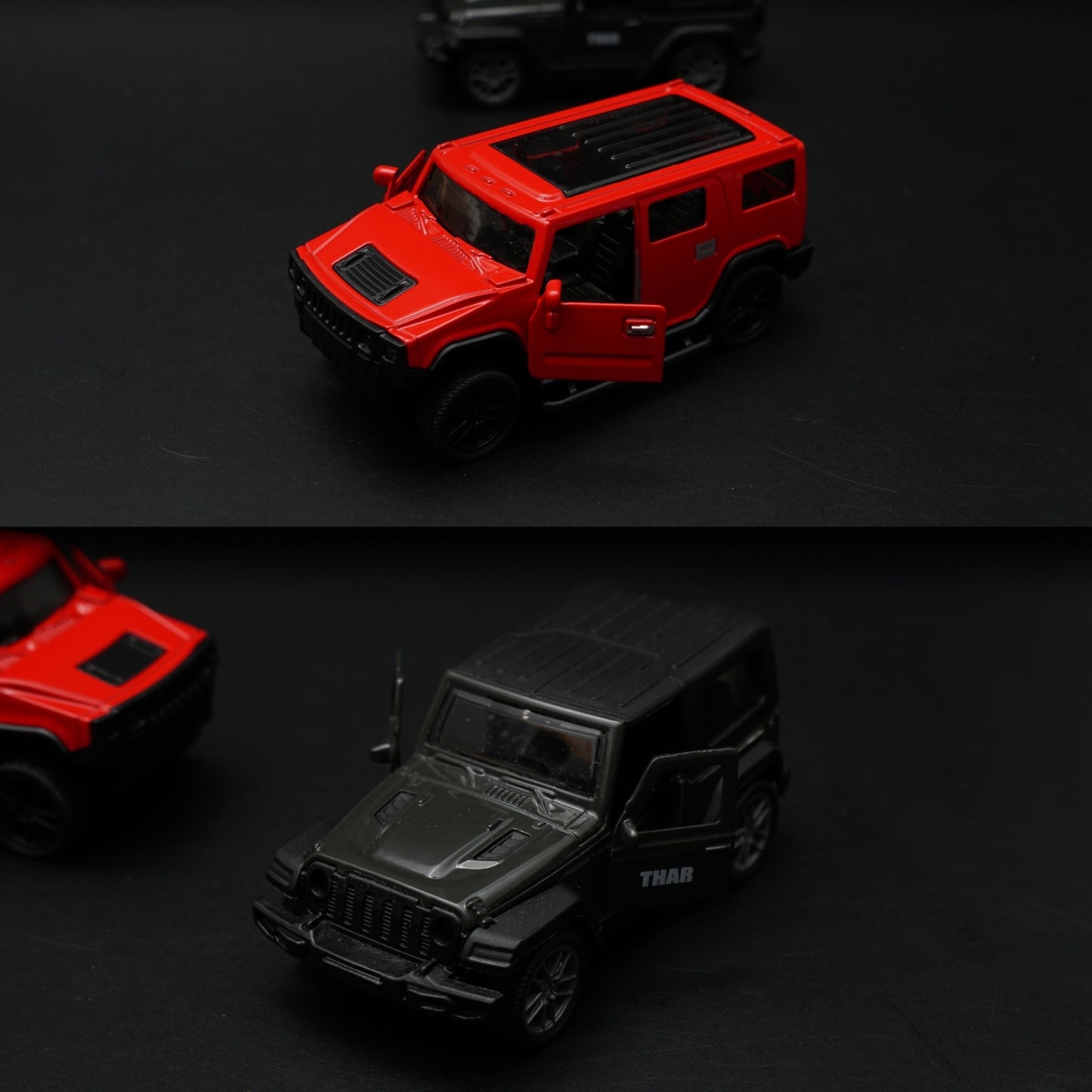 1:43 Diecast 2-Car Set | Mahindra Thar Black + Hummer H2 Red | Off-Road Legends