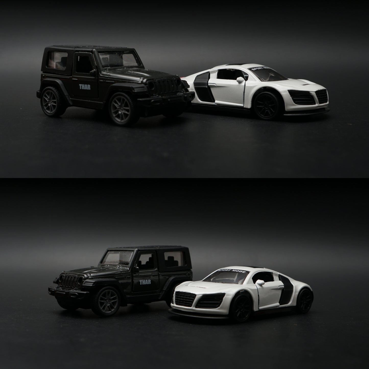 1:43 Diecast 2-Car Set | Mahindra Thar Black + Audi R8 Sport Mode White