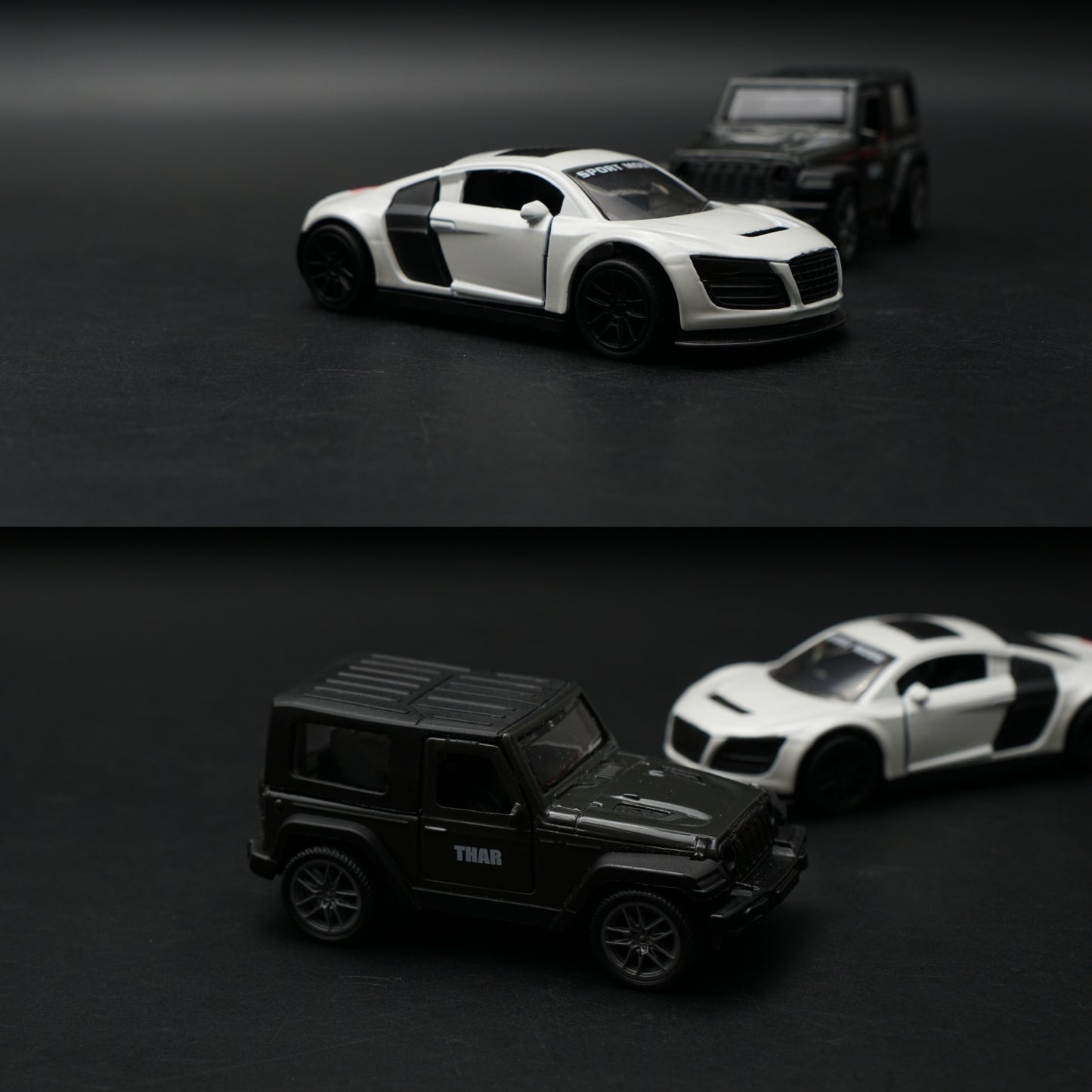 1:43 Diecast 2-Car Set | Mahindra Thar Black + Audi R8 Sport Mode White