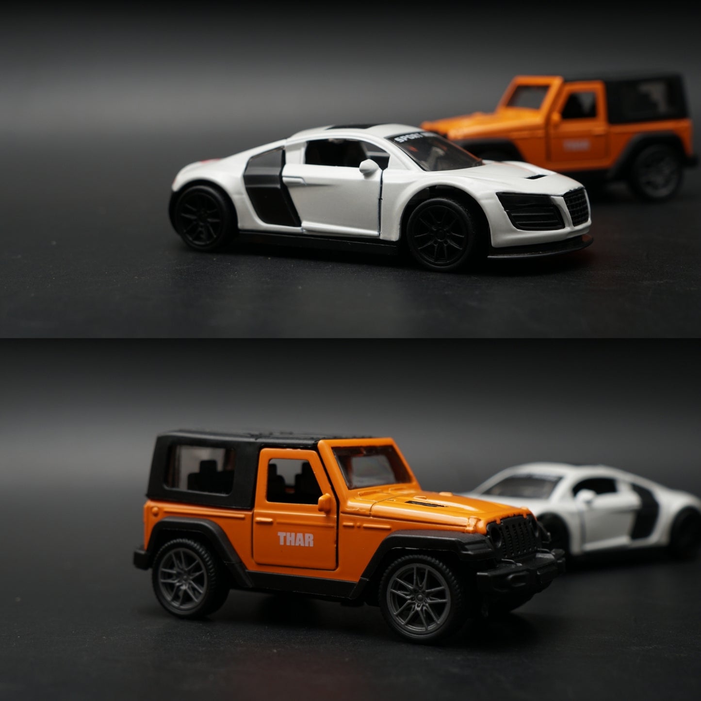 1:43 Diecast 2-Car Set | Audi R8 Sport White + Mahindra Thar Orange & Black