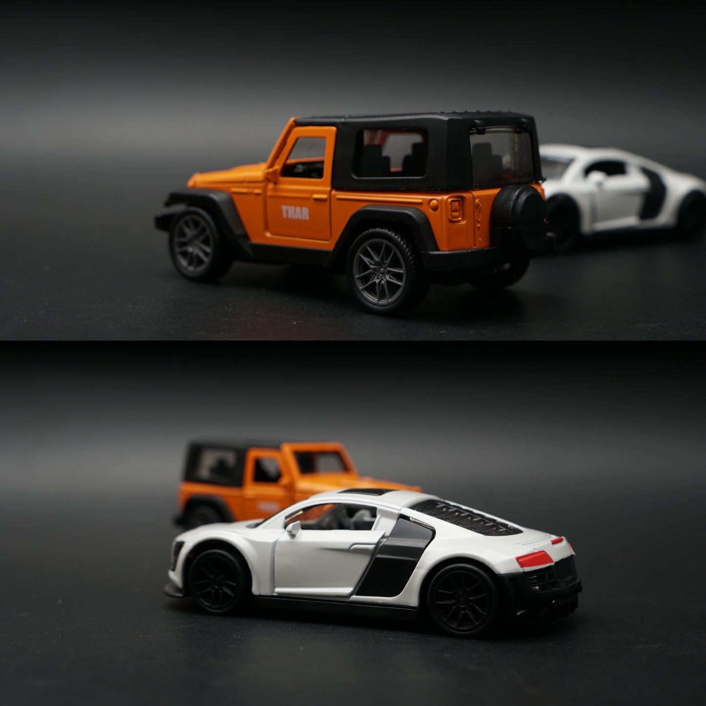 1:43 Diecast 2-Car Set | Audi R8 Sport White + Mahindra Thar Orange & Black