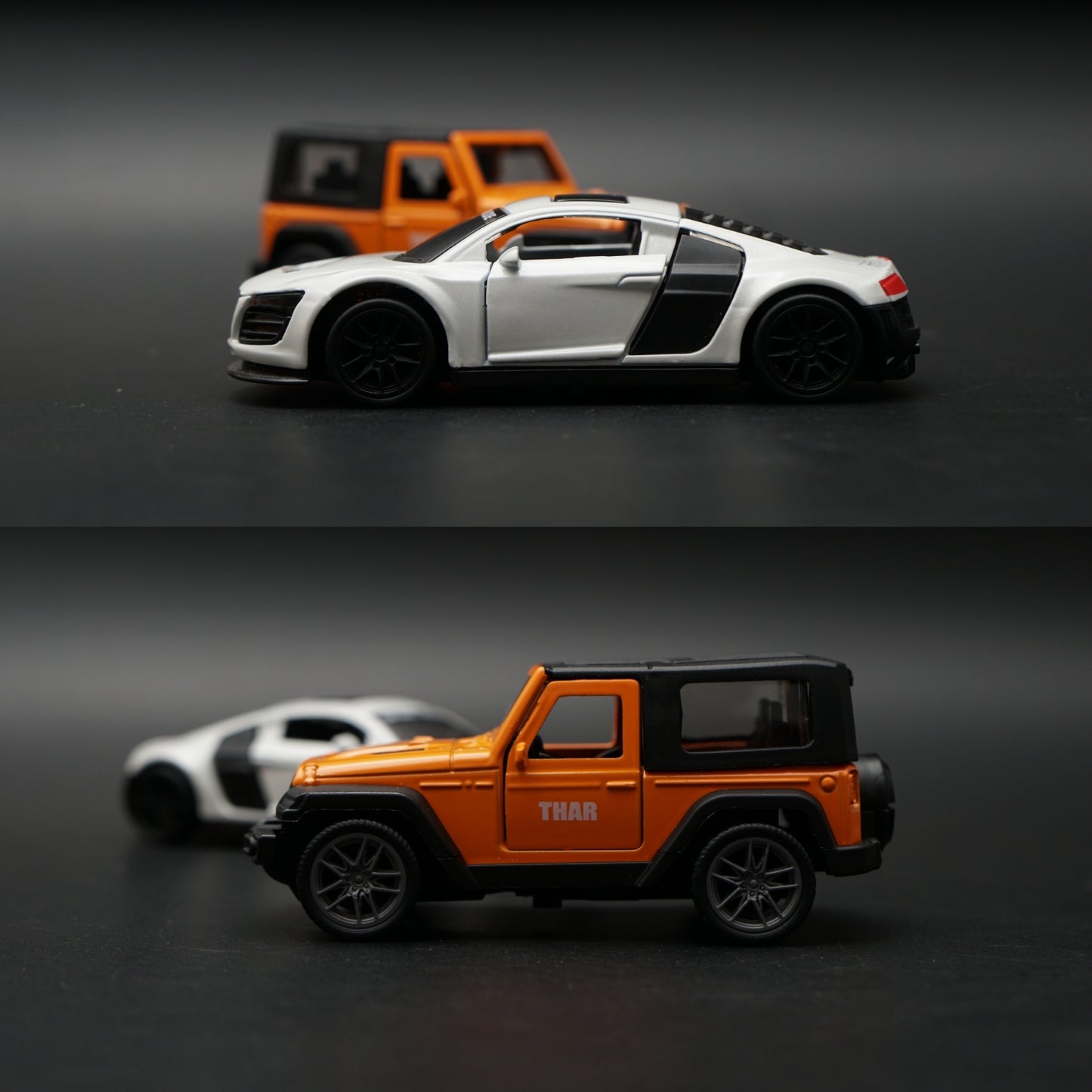 1:43 Diecast 2-Car Set | Audi R8 Sport White + Mahindra Thar Orange & Black