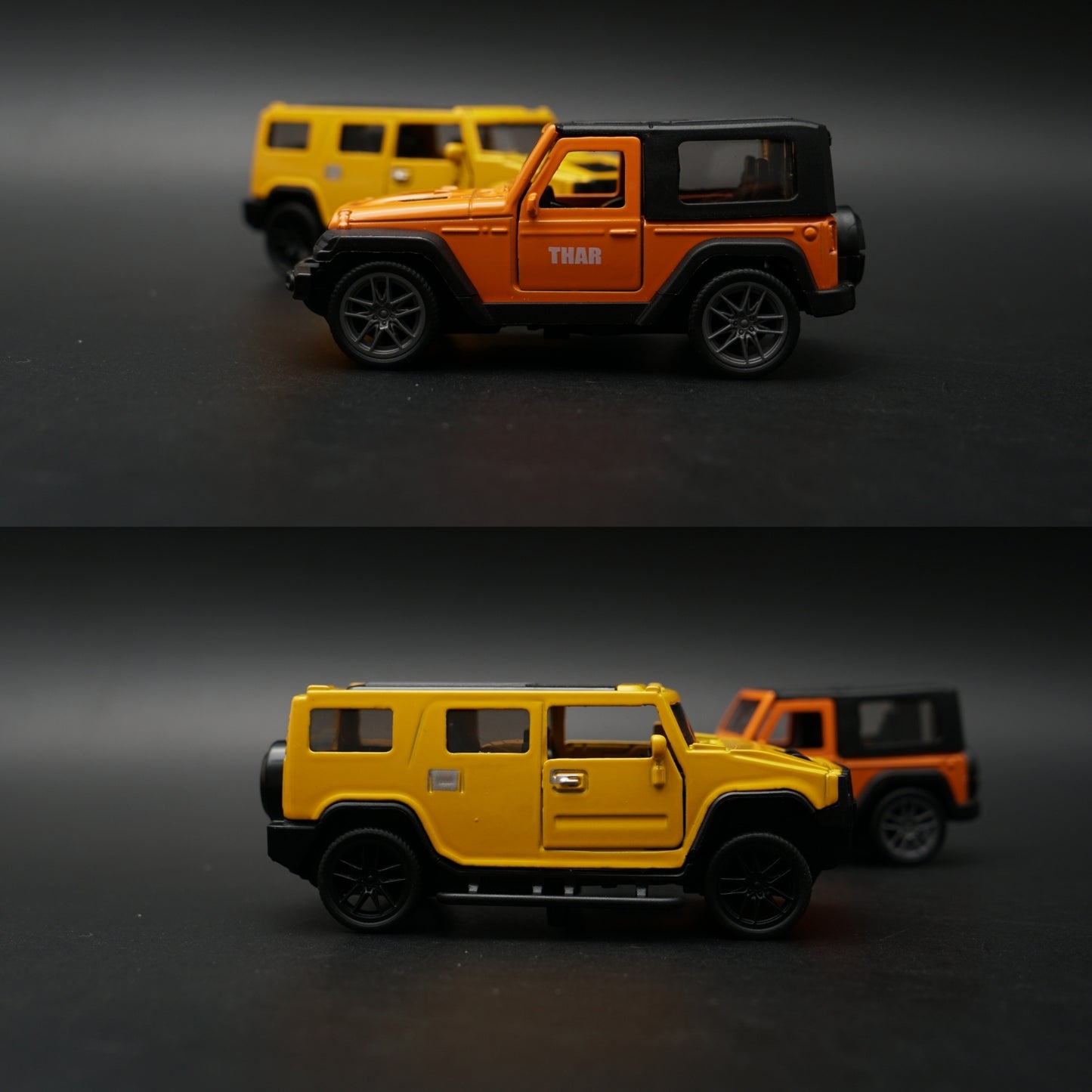 1:43 Diecast 2-Car Set | Mahindra Thar Orange + Hummer H2 Yellow | Off-Road Duo