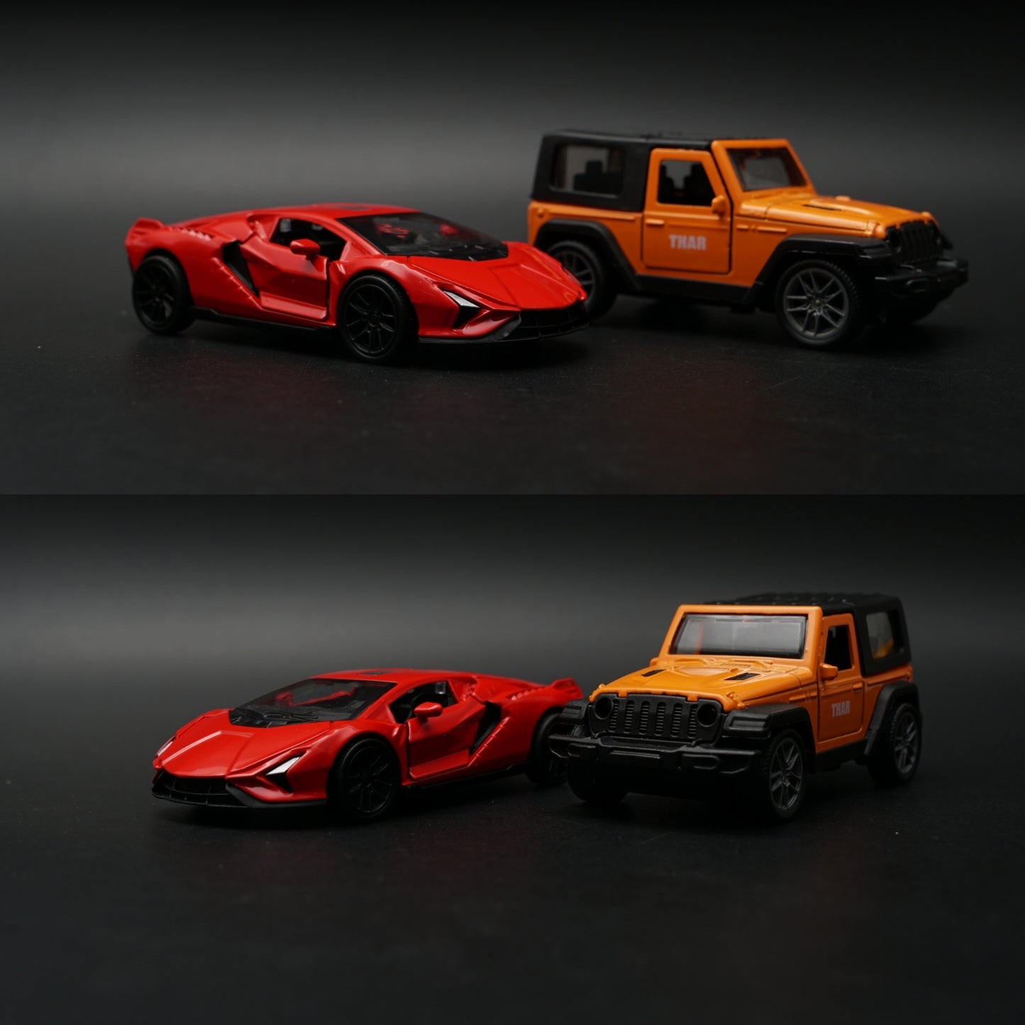 1:43 Diecast 2-Car Set | Lamborghini Revuelto Red + Mahindra Thar Orange & Black