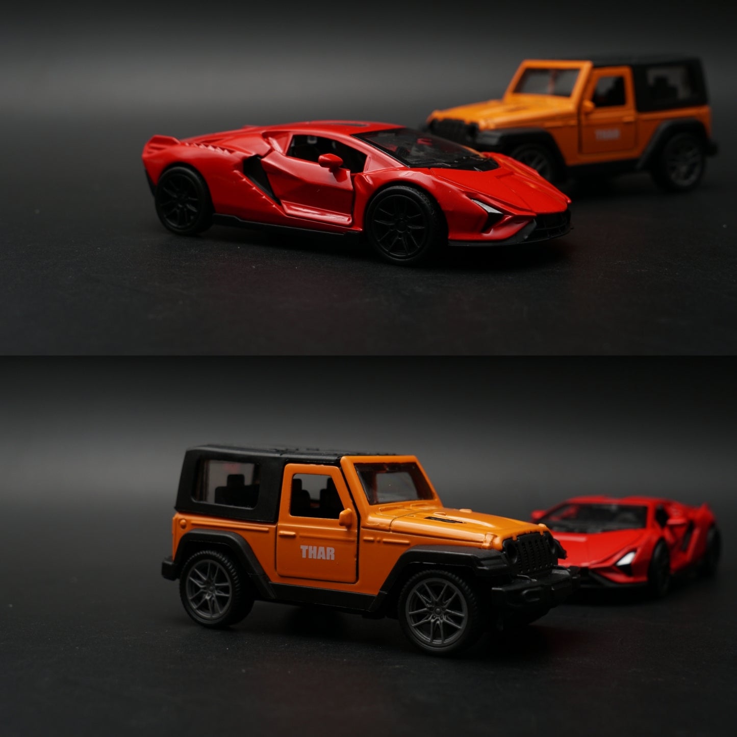 1:43 Diecast 2-Car Set | Lamborghini Revuelto Red + Mahindra Thar Orange & Black