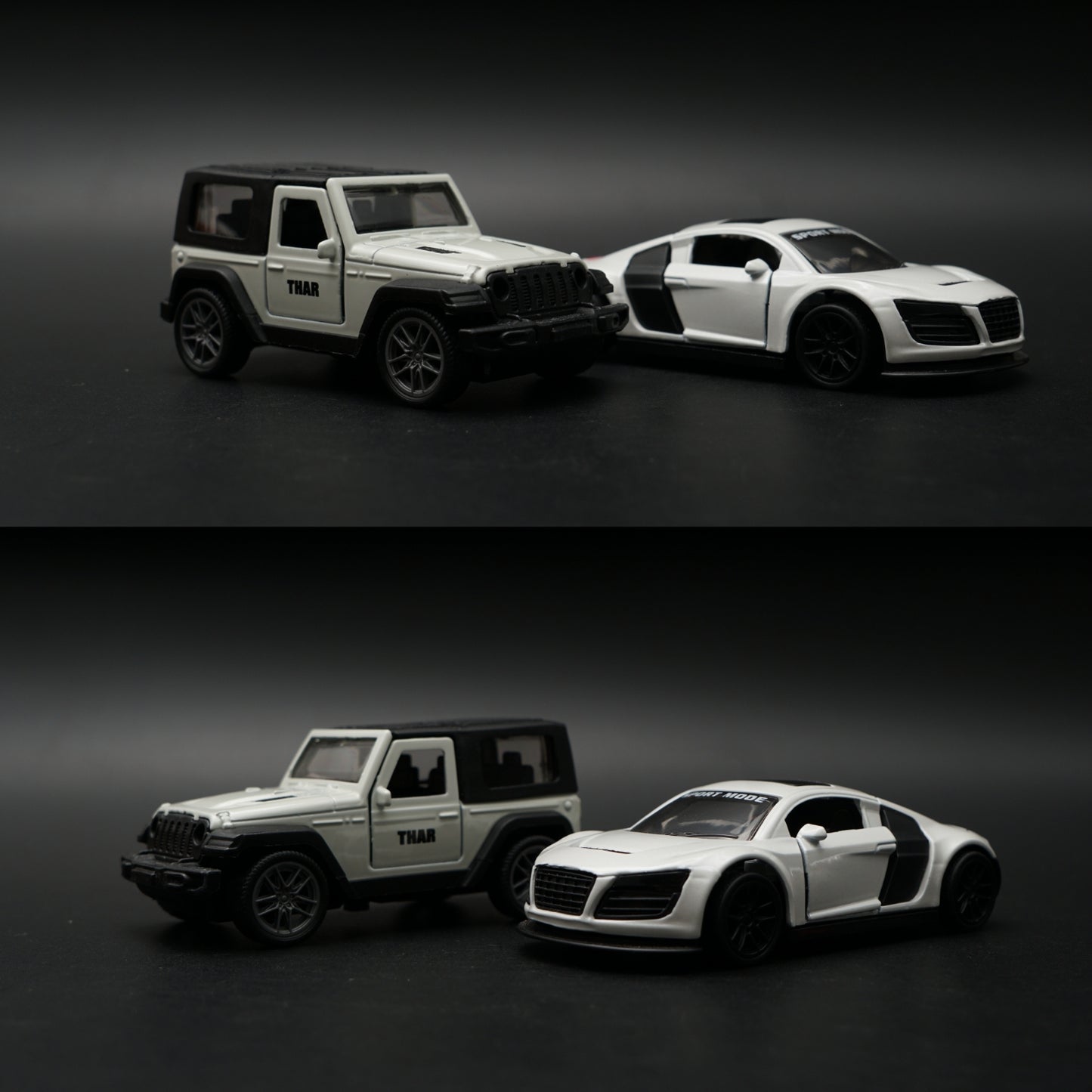 1:43 Diecast 2-Car Set | Mahindra Thar White + Audi R8 Sport Mode White | Matched Pair