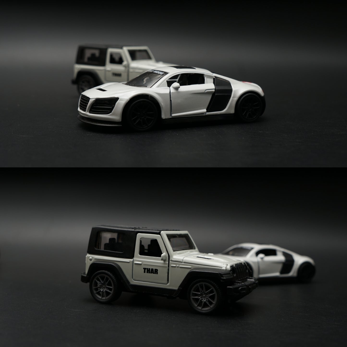 1:43 Diecast 2-Car Set | Mahindra Thar White + Audi R8 Sport Mode White | Matched Pair