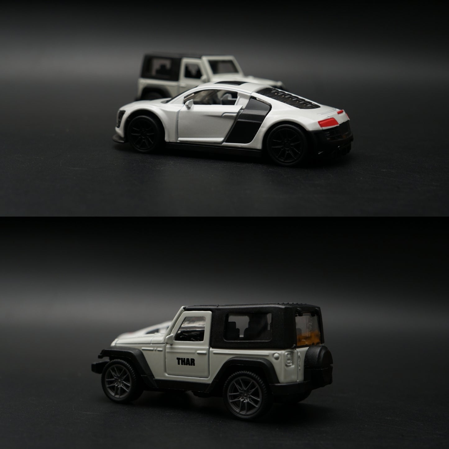 1:43 Diecast 2-Car Set | Mahindra Thar White + Audi R8 Sport Mode White | Matched Pair