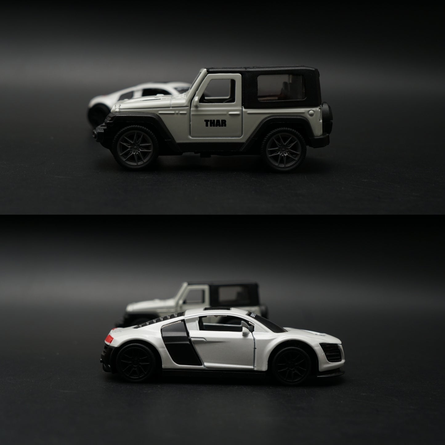 1:43 Diecast 2-Car Set | Mahindra Thar White + Audi R8 Sport Mode White | Matched Pair