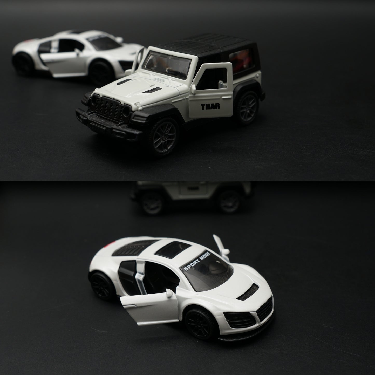 1:43 Diecast 2-Car Set | Mahindra Thar White + Audi R8 Sport Mode White | Matched Pair