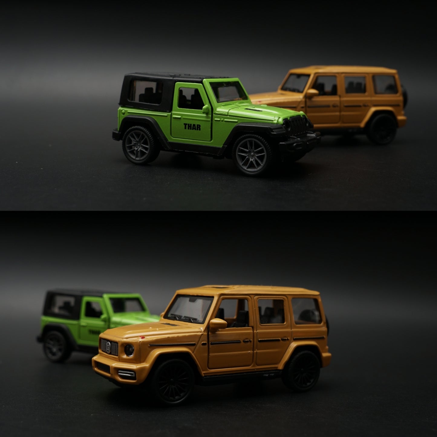 1:43 Diecast 2-Car Set | Mahindra Thar Lime Green + Mercedes-AMG G63 Matte Gold
