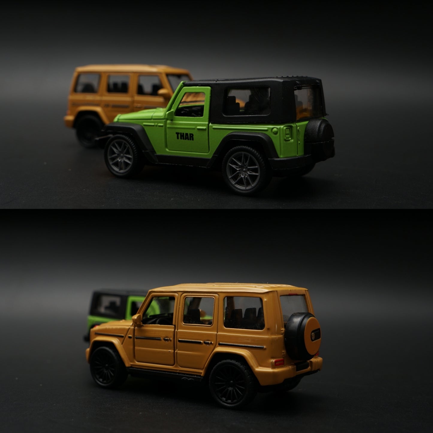 1:43 Diecast 2-Car Set | Mahindra Thar Lime Green + Mercedes-AMG G63 Matte Gold