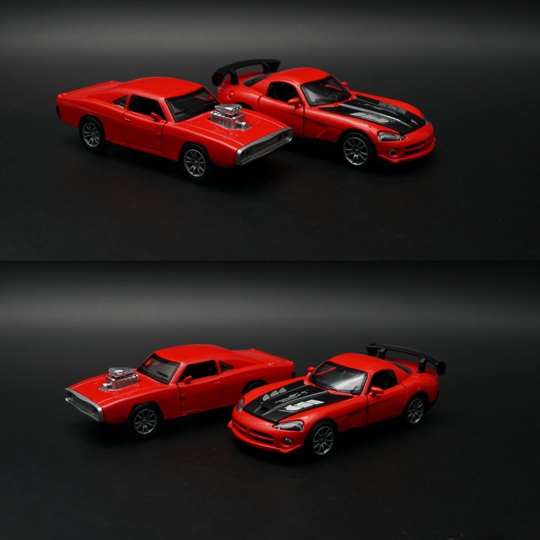1:36 Diecast Car Combo Set | Red Supercharged Muscle Car + Sports Coupe
