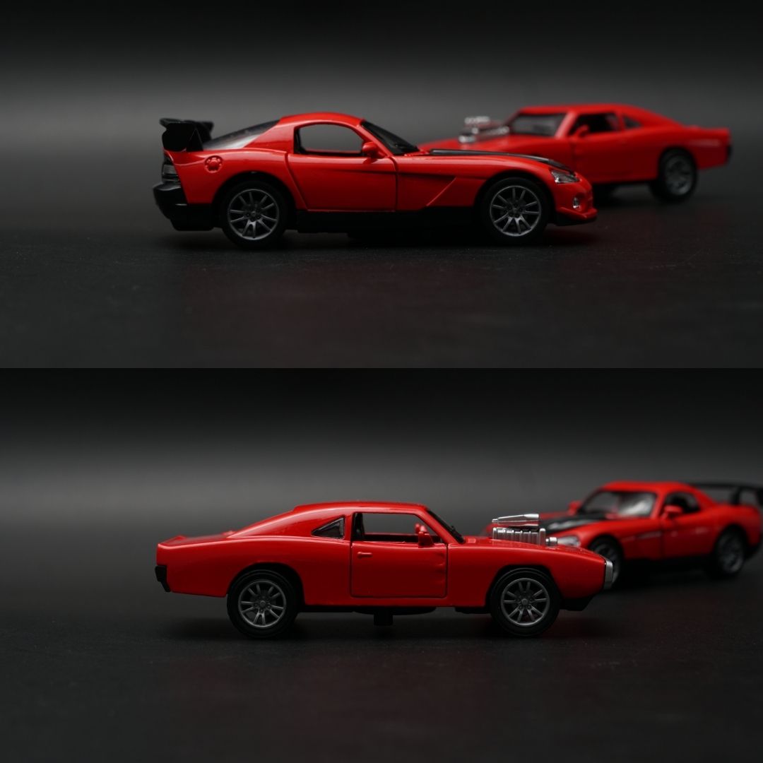 1:36 Diecast Car Combo Set | Red Supercharged Muscle Car + Sports Coupe