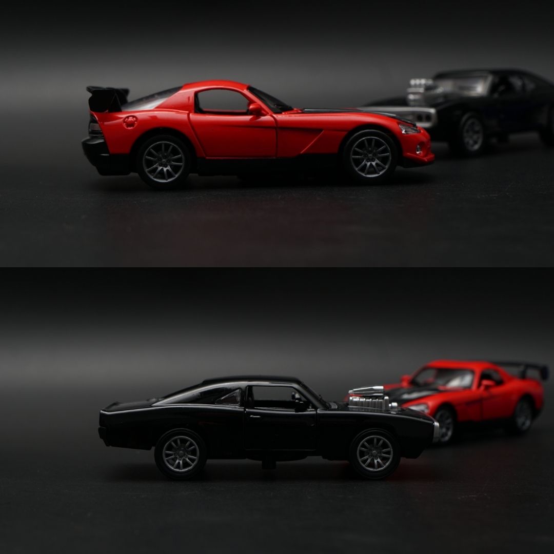 1:36 Diecast Car Combo Set | Black Supercharged Muscle Car + Red Sports Coupe