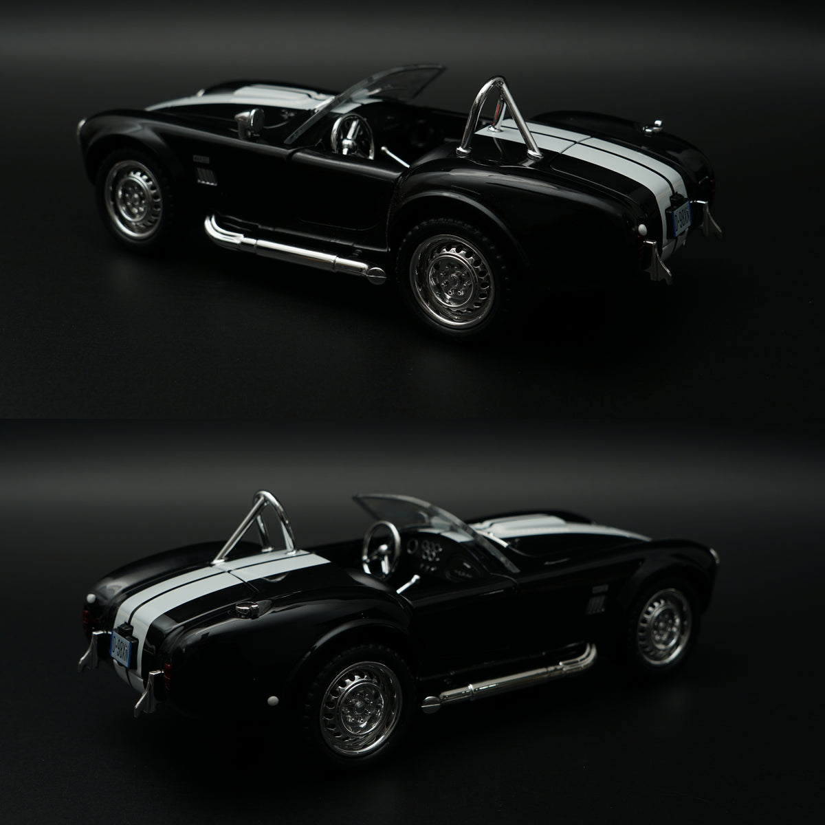1:24 Scale Shelby Cobra 427 Roadster Diecast Model Car – Black with White Racing Stripes