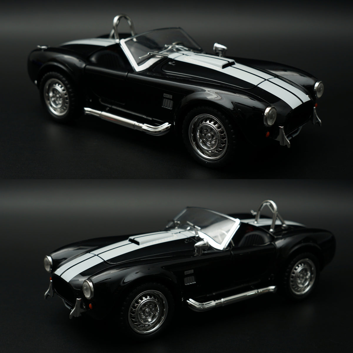 1:24 Scale Shelby Cobra 427 Roadster Diecast Model Car – Black with White Racing Stripes