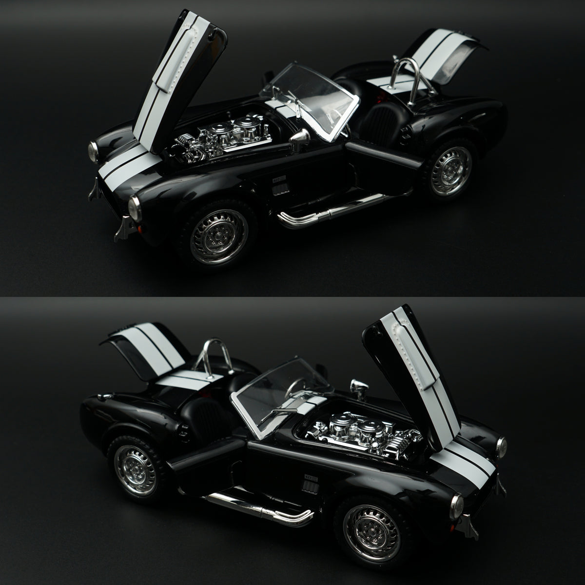 1:24 Scale Shelby Cobra 427 Roadster Diecast Model Car – Black with White Racing Stripes